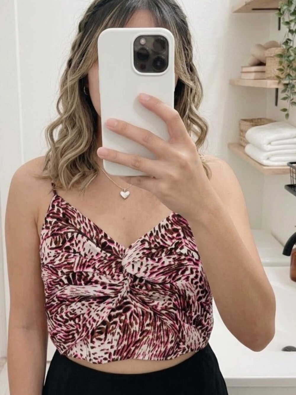 NWT Express pink and black animal print twist front cropped cami blouse